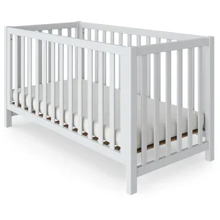 fornera f27 Massivholz Babybett/Kleinkindbett, Massivholz Kinderbett für Jungen und Mädchen, mit hochwertigen Rollrost, Höhenverstellbar mit Schlupfsprossen, 70x140 cm (weiß (lackiert), 140 x 70 cm)