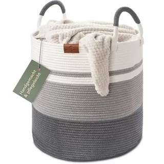 wiesen.design Korb EMILIA Ø46xH48 cm Grau/Weiß/80L, Wäschekorb geflochten aus Baumwolle, Wäschesammler, Aufbewahrungskorb groß, Korb geflochten, faltbarer Wäschekorb, Wäschetonne, laundry basket