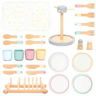 UMU® Großes Geschirrset aus Holz – 28-teiliges Tafelservice für Kinderküche mit Tellern, Tassen, Besteck & Ständer – Küchenzubehör für Spielküche – Rollenspiel-Geschirr ab 3 4 5 6 Jahren