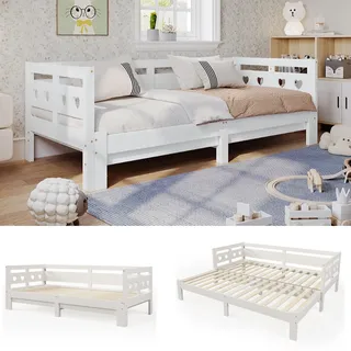 KUAKE Tagesbett Kinderbett 90x200 cm, Funktionsbett Gästebett aus Massivholz, Holzbett mit Lattenrost & Rausfallschutz, Ausziehbett Einzel und Doppelbett, für Mädchen, Herzform Dekoration (Weiß)