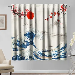 Kzzfqxb 2 Paneele 107x215cm Japanischen Stil Vorhänge, Ukiyoe Rote Blume Sonne Hügel Hokusai Die Große Welle, Orientalisches Kunst Dekor für Küche Wohnzimmer Schlafzimmer