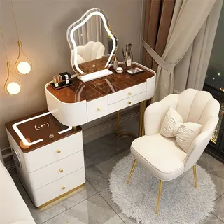 Schminkset mit Ladestation, Schminkspiegel, großer Schminktisch mit 3-farbig verstellbarem Touch-Licht, Bluetooth-Lautsprecher, gepolsterter Hocker für Frauen und Mädchen ( Color : White+chair , Size