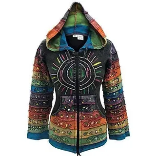 SHOPOHOLIC FASHION Säure Wäsche Mehrfarbig Patchwork Kapuzenpulli, Rainbow Gestreift Hippie Jacke, Boho - Schwarz, XX-Large - XXL