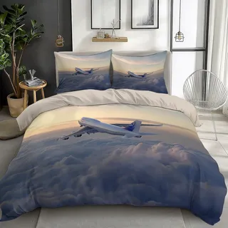 CozyRest Bettwäsche Set Flugzeug im Himmel Bettbezug Doppelseitig Bettwäsche Taupe 155 x 220 cm Bettbezug für Erwachsene und Kinder 2 Kissenbezüge 80x80cm