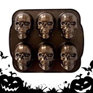 Totenkopf-Kuchenform, goldener Totenkopf-Form, Aluminiumlegierung, 6 Mulden, gruseliger -Totenkopf-Kuchenblech, temperaturbeständig, Backform für Halloween, Kekse, Kuchen, Backen