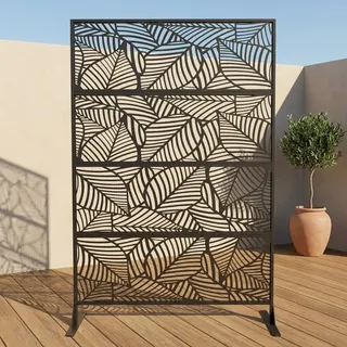 Acekool Sichtschutz Metall 180 x 117 cm-Raumteiler mit Ständer,freistehend, Wetterfeste Terrassenpaneele für Indoor & Outdoor & Deko, Patio, Garten, Terrasse & Balkon, Pool-Blattmuster-Schwarz