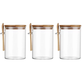 HanOBC 3 Stück 450 ml luftdichte Glasdosen mit Deckel und Löffeln, kleine Glas-Lebensmittel-Vorratsdosen aus klarem Glas, Küchenbehälter zum Servieren von Kaffee, Tee, Gewürzen und mehr