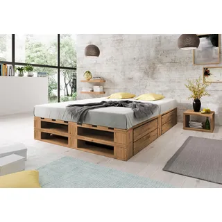 Lermowood Palettenbett M2 aus Holz 160 x 200 cm Eiche mit Lattenrost und 2 Bettkästen Holzbett 30cm Stabiles Seniorenbett Kinderbett Jugendbett Gästebett erhöhtes Bettgestell Futonbett Komforthöhe