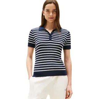 Tommy Hilfiger Damen Poloshirt Kurzarm Cable Sweater mit Knopfleiste, Mehrfarbig (Dark Night Navy/Ivory Silk STP), L - L
