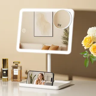 FASCINATE Groß Wiederaufladbar Schminkspiegel mit Beleuchtung, 1fach/10fach Vergrößerungsspiegel, Dimmbarer Tischspiegel mit Licht, 360° Drehbar Kosmetikspiegel mit Beleuchtung (Schneeweiß)