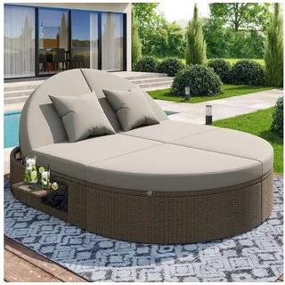 Celya Gartenlounge-Set Gartenlounge-Set, Rattan outdoor liege für zwei, Gartenliege klappbar, (Sonnenliege Doppelliege 2 Personen Klapptisch, Gartenliege mit seitlichem Regal, Individuell einstellbarer Winkel), Outdoor Daybed, mit seitlichem Regal, Individuell einstellbarer Winkel grau