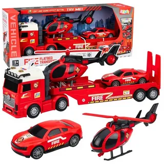 Wisam Lean Toys Feuerwehr-Rettungsset mit Abschleppwagen, Auto, Hubschrauber, Lichtern und Sound