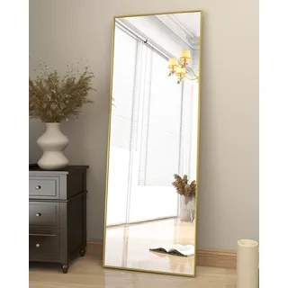 Koonmi 163 x 53 cm Standspiegel, robust Ganzkörperspiegel mit minimalistische schmaler Aluminiumrahmen, modern großer Wandspiegel stehend oder hängend für Wohnzimmer und Schlafzimmer, Gold