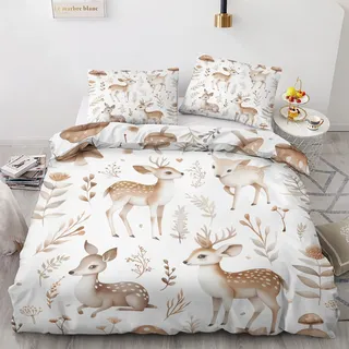 Bettwäsche 135x200 Woodland Hirsch Motiv - Rehkitz Tier Bettbezug und 1 Kissenbezug 80x80, Weiche Bügelfreie Mikrofaser Deckenbezug 2er Set mit Reißverschluss, Wendebettwäsche & Deko M&-1753