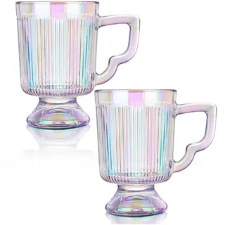Joeyan 350ml Geriffelte Teegläser 2er Set, Latte Macchiato Gläser Regenbogenfarben mit Henkel, Vintage Kaffeegläser Glühweingläser Kaffeetassen Dessertgläser Wassergläser für Cappuccino,EIS,Milch,Bier