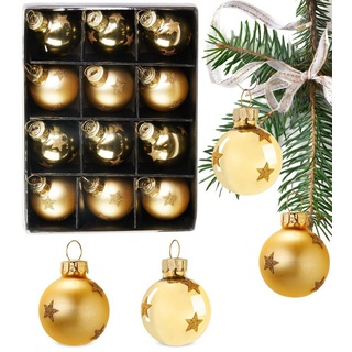 BRUBAKER Weihnachtsbaumkugel Weihnachtskugeln - 3 cm Baumkugel Set - Handbemalter Baumschmuck (12 St), Mini Kugeln mit Glitzer Sternen für Weihnachtsbaum und Weihnachtsdeko goldfarben
