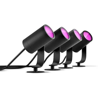 Philips Hue White & Color Ambiance Lily Gartenspot Standard Set mit 40W Netzteil (590 lm), dimmbare Außenleuchte mit 16 Millionen Farben, smarte Lichtsteuerung über Sprache oder App, schwarz, 4er Pack