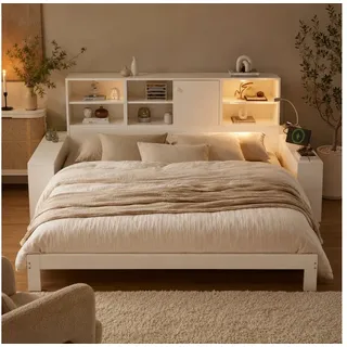 MODFU Stauraumbett Ausziehbett 90/180x200 cm mit Stauraum und USB-/Type-C-Anschlüssen (Tagesbett, Doppelbett & Jugendbett, 1-tlg., Weißes Holz-Tagesbett mit Ausziehfunktion, Integrierte Doppeltüren), Ideal als Stauraum- & Jugendbett, ohne Matratze weiß 133 cm x 237 cm x 100 cm