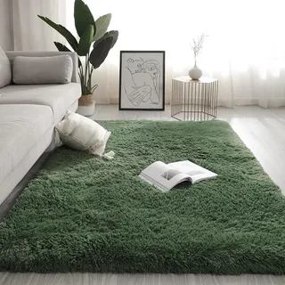 Swsen Teppich Wohnzimmer Super Weich - Shaggy Teppiche Flauschig Anti-Rutsch Unterseite - Moderner Carpet Waschbar Langflor Hochflor Teppiche 60x90cm, Dunkelgrün