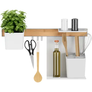 Tesa Küchen-Organizer Kombi-Set M - selbstklebende Küchenleiste mit Kräutertopf, 2 Ablagen, Hakenleiste - Bambus/Weiß