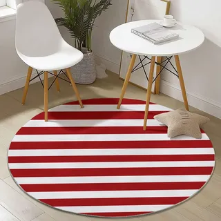 Waschbare Runde Teppiche 90 cm, Gestreift Amerikanische Flagge Muster Rutschfester Runder Läufer für das Wohnzimmer, Weiß Rot Weicher Niedrigfloriger Teppich für unter den Esstisch