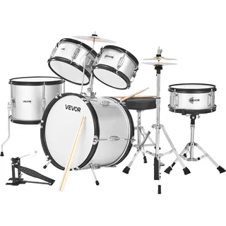 Vevor Schlagzeug Set, 5-teilig, inkl. 40,6 cm Basstrommel, 25,4 cm Snare, 20,3 cm & 25,4 cm Tomtoms, 33 cm Standtom, 25,4 cm Crash-Becken & 20,3 cm Hi-Hat, für Kinder von 6–13 Jahren Silber
