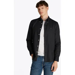 Langarmhemd TOMMY HILFIGER "LINEN BLEND SOLID RF SHIRT", Herren, Gr. L, N-Gr, schwarz, Web, Obermaterial: 52% Baumwolle, 48% Leinen, unifarben, casual, regular fit hüftlang, Rundhals, Langarm Ärmel mit Ärmelschlitz,mit Knopf 1-Knopf-Manschette, Hemden, mit Button-down-Kragen
