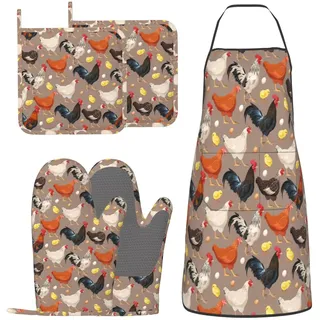 DONMYER Hühnchen Ofenhandschuhe und Topflappen mit Schürze Set von 5 Silikon Rassen von Huhn Küchenhandschuhe und rutschfeste Topflappen Schürze Set Hitzebeständig Lustige Hahn Henne Huhn