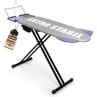BigDean Bügelbrett XXL (120x45 cm Bügelfläche) inkl. ausklappbarer Schulterpassform, Bügelfläche 120x45 cm, Breite Stahlkonstruktion, Kindersicherung, Kabelführung, Seitentasche schwarz