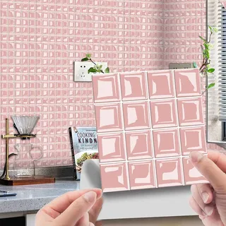 30 Stück Marokkanischer Fliesenaufkleber, Hiser 3D Mosaik Stil Wasserdicht Ölfest Stickerfliesen Marmor Deko Selbstklebende Fliesenfolie für Badezimmer Wohnzimmer Küche (Rosa,15x15cm)