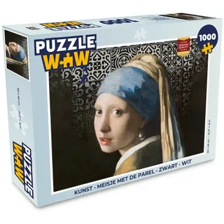 MuchoWow Puzzle Kunst - Mädchen mit Perlenohrring - Schwarz - Weiß, 1000 Puzzleteile, Foto-Puzzle, Bilderrätsel, Puzzlespiele, Klassisch schwarz 48 cm x 68 cm x 2 cm | Querformat