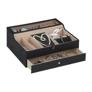 Relaxdays Schmuckkästchen, Lederoptik, Samt, Schmuckkasten für Damen & Herren, Hbt: 13 x 34 x 31 cm, Schmuckbox, Schwarz