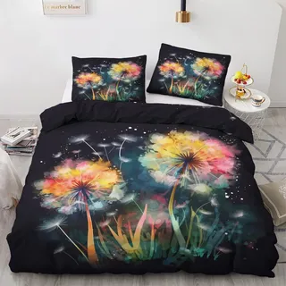 Pusteblume Bettwäsche 135x200 Winter - Bunte Blumen Bettbezug 135 x 200 2er Set, Wendebettwäsche und Kissenbezug 80x80, Weiche & Angenehme & Warme Mikrofaser Bettwäsche-sets mit Reißverschluss