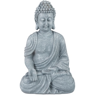 Relaxdays Buddha Figur sitzend 18cm, Dekofigur für Wohnzimmer, Bad und Garten, feuchtigkeitsresistent, Kunststein, grau