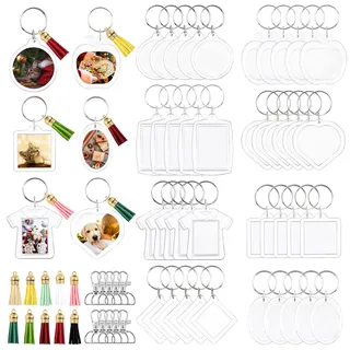 Mardatt 84-teiliges Fotorahmen-Schlüsselanhänger-Set, klare Bilder, mit Spaltring und Quasten, für individuelle DIY-Projekte und Bastelarbeiten (quadratisch, Herz, Oval, rund, rechteckig usw.)