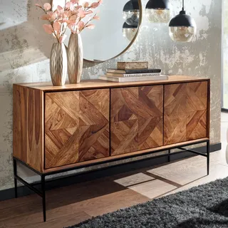 Massivholz Sideboard 120cm Sheesham Natur Design Kommode mit 3 Türen Metall schwarz