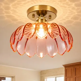 Deckenleuchte Vintage mit lampenschirm Rosa Glas E27 25cm halbbündige kleine Deckenlampe Vintage Blumenform Bernstein Glas für Schlafzimmer Flur Küche Esszimmer Wohnzimmer - ohne Leuchtmittel