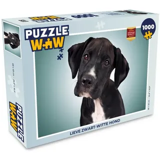 MuchoWow Puzzle Süßer schwarzer und weißer Hund, 1000 Puzzleteile, Foto-Puzzle, Bilderrätsel, Puzzlespiele, Klassisch schwarz 48 cm x 68 cm x 2 cm