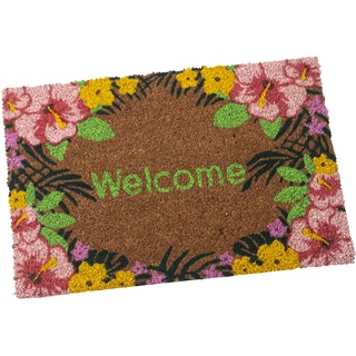 DRW Rechteckige Fußmatte aus Kokosfaser mit Welcome Logo und Blumen, 40 x 60 cm, Mehrfarbig, estandar