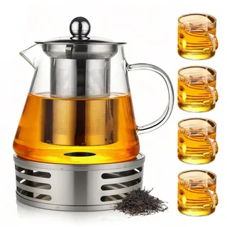 1300ML Teekanne Glas Set, Glas Teekanne und Stövchen Set mit Stövchen Teeservice 4 Gläser Borosilikatglas Glasteekanne mit Siebeinsatz Teebereiter mit Sieb und Teelichtofen für Alle Tee