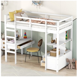Flieks Hochbett Kiefer Kinderbett mit Schreibtisch & Stauraumregal 90x200cm weiß 97 cm x 206 cm x 169 cm