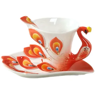 230 ml modische Emaille-Porzellan-Kaffeetasse, kreativer Pfauen-Kaffeetasse, personalisierbar, farbiger Spiegelbecher für Büro, Zuhause, Restaurant, Café, Orange/Rot