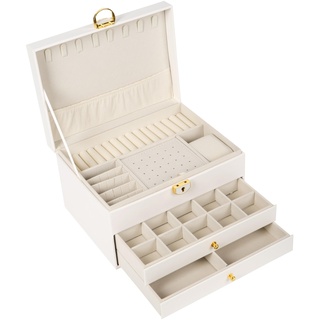 BESTIF Schmuckkästchen Schmuckbox Schmuckkasten Groß Ketten PU Leder Jewellery Box (Weiß)