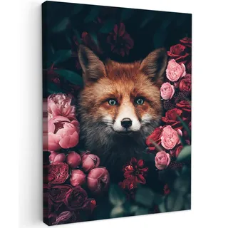 OnlyWow© Outdoor Leinwand Bild 50x70 cm Gartenbild Wetterfest Terrasse Deko Balkon Wandbild Außendekoration Modern Draußen Fuchs - Blumen - Tiere