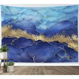 LB Wandteppich Blauer Marmor Wandtuch Abstrakte Geometrie Wandbehang Gebrochener Goldstreifen Modern Tapisserie für Wohnzimmer Schlafzimmer Wohnheim Wanddeko,200x150cm