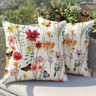 ZiYDaam Wetterfest Outdoor Kissenbezug 45x45 2er Set Outdoorkissen Palettenkissen Landhausstil Dekoration Bunte Blumen Zierkissen für Garten Balkon Sofa Wohnzimmer Zierkissen