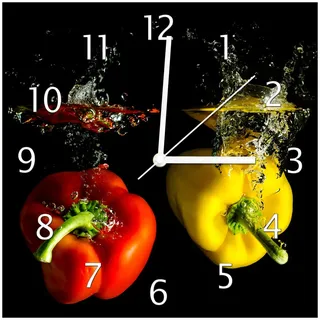 Wallario Design-Wanduhr Bunte Küche Paprika in rot gelb orange und grün im Wasser aus Glas, Motiv-Uhr Größe 30 x 30 cm, weiße Zeiger