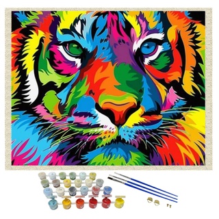 iCoostor Malen nach Zahlen DIY Acryl-Malset für Kinder & Erwachsene Anfänger - 40 x 50 cm Farbiges Tiger-Muster mit 3 Pinseln und hellen Farben