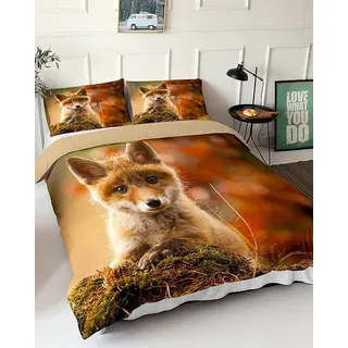 Bettwäsche 135 x 200 cm, 2-teilig, 3D Tier-Motiv Fuchs, braun, für Kinderzimmer