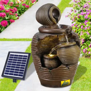 Solar Gartenbrunnen Brunnen Solarbrunnen Zierbrunnen Wasserfall Gartenleuchte Teichpumpe für Terrasse, Balkon, mit Pumpen-instant-Start-Funktion mit Liion-Akku & Led-Licht (4-AMPHOREN)